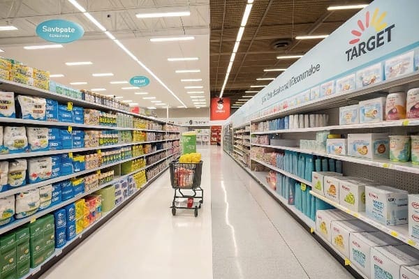 supermarket shelves with products