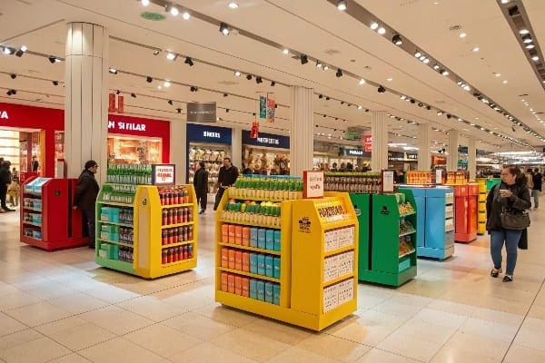 A bustling retail space with colorful product displays.