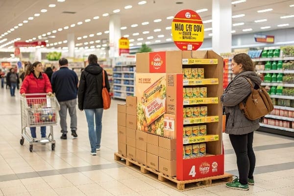 Promotional product display in a retail aisle