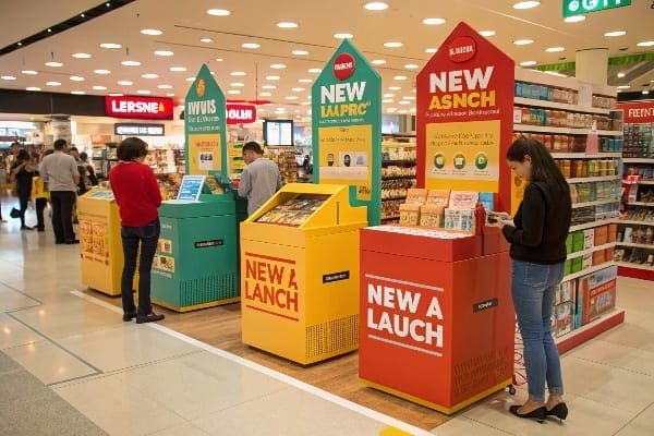 A retail store with promotional displays and new product advertisements.