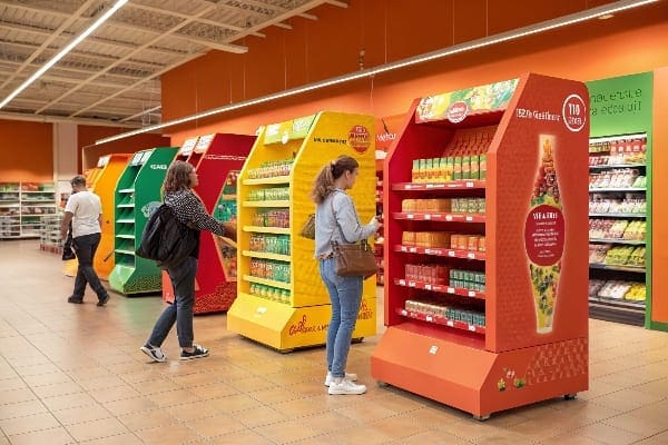 Product shelves with bright colors in a store