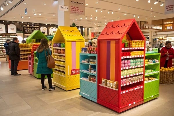 A colorful retail display with shelves in bright hues.
