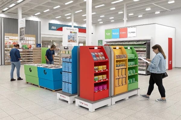 A retail store with neatly organized product shelves in various colors.