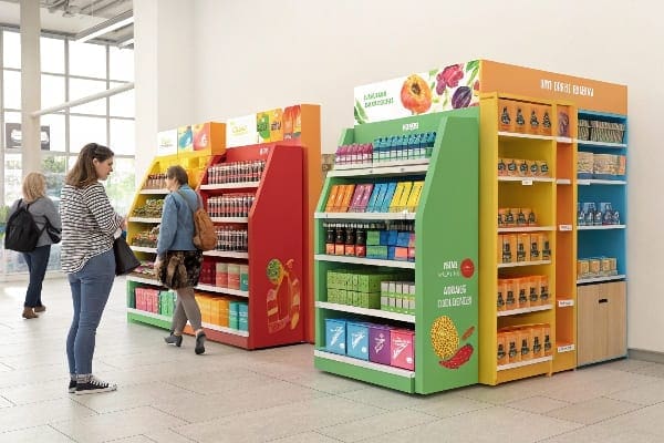 A store with vibrant, colorful product shelving units.