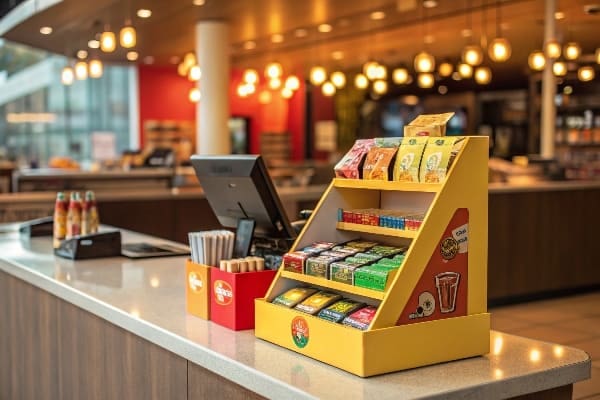 Bright countertop display with colorful snack packets and point-of-sale items.