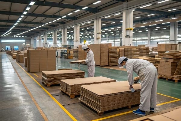Large factory floor with workers assembling and inspecting cardboard sheets.