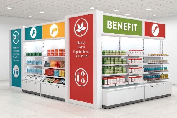 Modern retail display with bright, organized product sections.