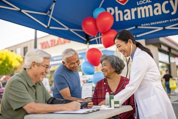 Pharmacist checking elderly patient's blood pressure at outdoor community health event under pharmacy tent