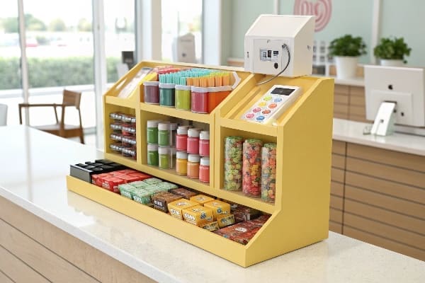 Compact checkout counter display with colorful candies and impulse items.