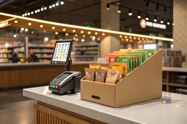 Minimalist cardboard display with natural snack products near a point of sale.