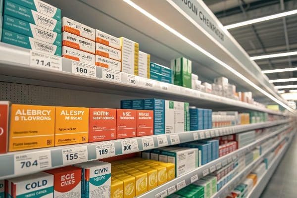 Close-up view of colorful over-the-counter medicine boxes on store shelf with price tags