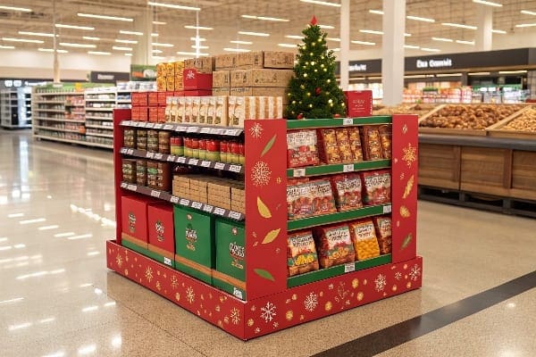 Festive supermarket display with holiday-themed packaging and small Christmas tree.