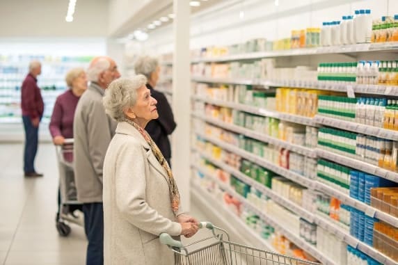 Senior woman examining products on pharmacy shelf with shopping cart in modern store