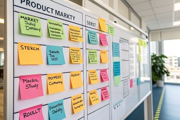 Whiteboard with colorful sticky notes for product merchandising planning.