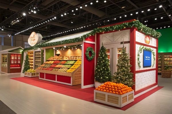 Festive produce stand decorated with lights and holiday greenery.