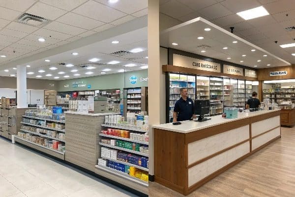 Modern pharmacy interior with two pharmacists behind the counter and well-organized medicine shelves