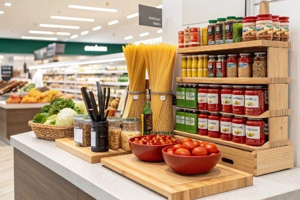 Cross-merchandising setup featuring fresh pasta, sauces, and cooking essentials.