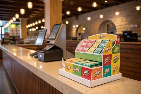 Compact, colorful cardboard display with neatly organized snack packets on a countertop.