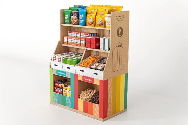 Colorful cardboard snack display with organized shelves and vibrant packaging.