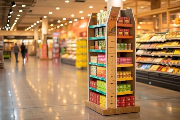 Freestanding supermarket display with neatly arranged health and wellness products.
