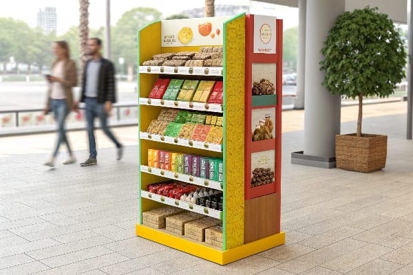 Bright freestanding retail display with a variety of healthy snacks.