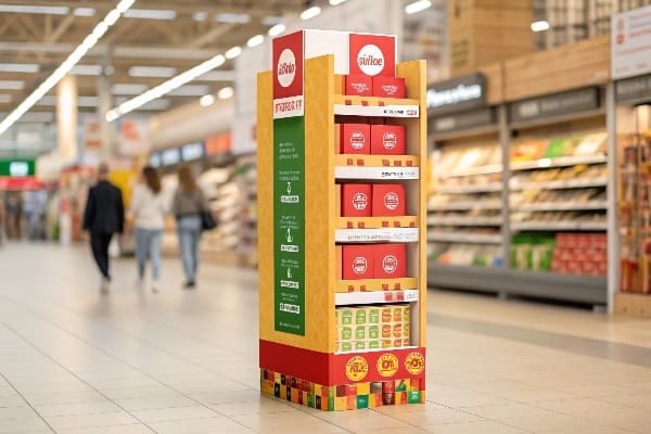 Tall, branded cardboard display with colorful packaging in a busy supermarket.