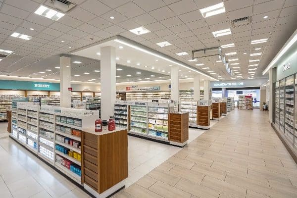 Spacious and brightly lit pharmacy with multiple aisles and clean modern shelving