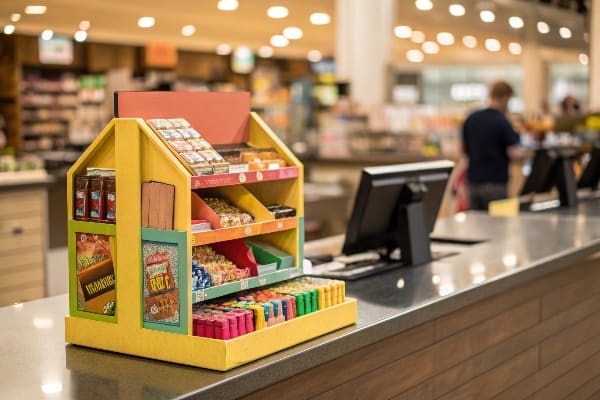 Compact countertop display with a variety of colorful snacks and confectionery items.
