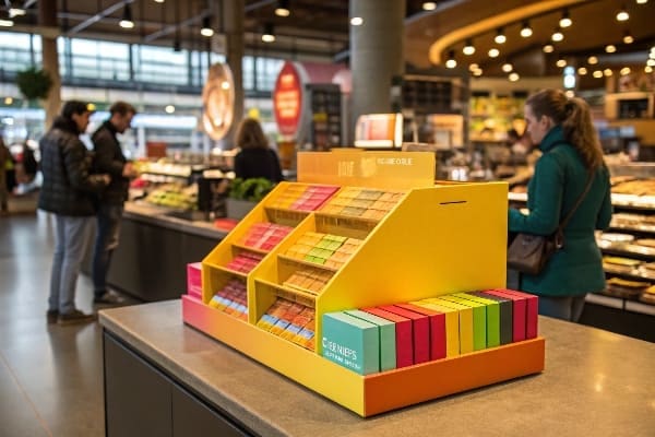 Vibrant countertop display with colorful packaged products in a modern supermarket.