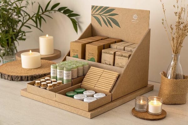 Eco-friendly cardboard display with natural skincare and wellness products.
