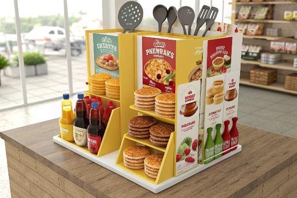 Pancake and syrup display with utensils in a bright retail setting.