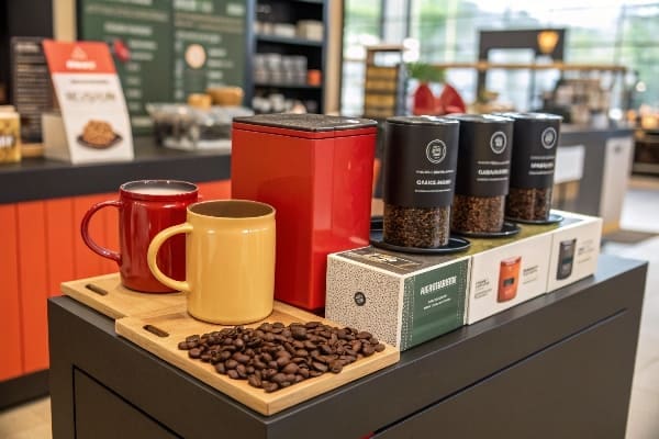 Coffee mugs, beans, and premium coffee products arranged on a display table.