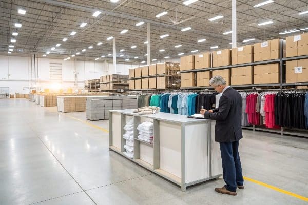 Man reviewing inventory in a large warehouse with clothes and shipping boxes