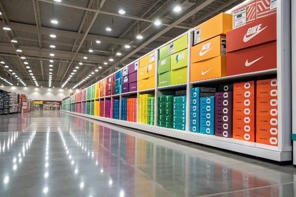 Colorful shoe boxes neatly organized on retail store shelves with polished floor