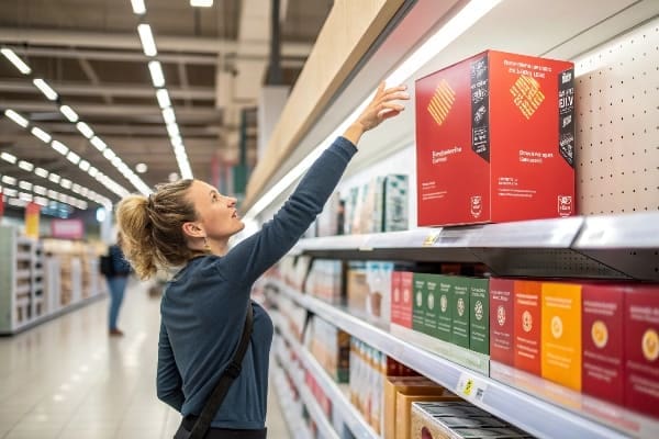 Woman reaching for red product box on a supermarket shelf