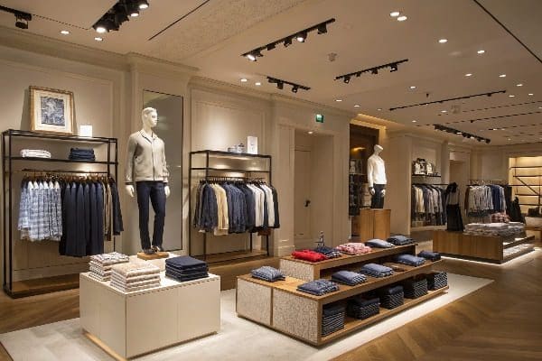 Neatly arranged men's clothing section with mannequins and spotlighting
