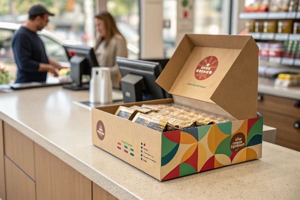 Open cardboard display box with colorful design on a counter filled with snacks in a retail store