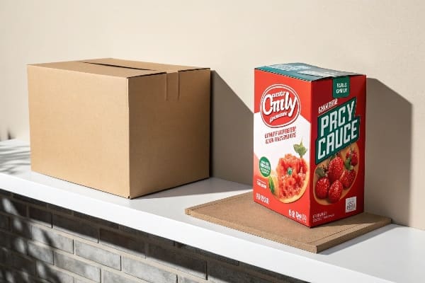 Colorful packaged food product beside plain cardboard box on white shelf