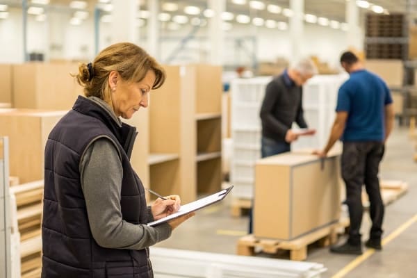 Woman inspecting clipboard while workers assemble furniture in a warehouse