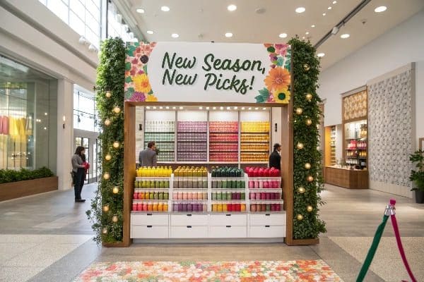 Colorful seasonal display of canned products in a bright shopping mall