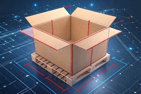 Exploded cardboard box on pallet with red fold edges and dimension lines over digital blueprint