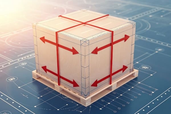3D wooden crate on pallet with red arrows indicating length width height over blueprint