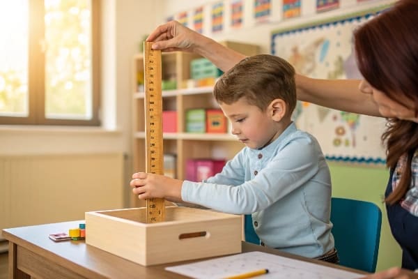 Young boy measures wooden box depth with ruler while teacher guides, classroom setting
