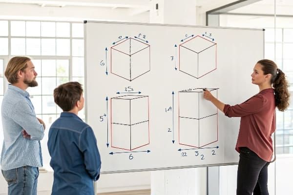 Female instructor discussing four cube dimension diagrams on whiteboard with two learners