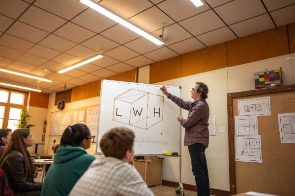 Teacher illustrating cube labeled length width height on whiteboard to attentive students